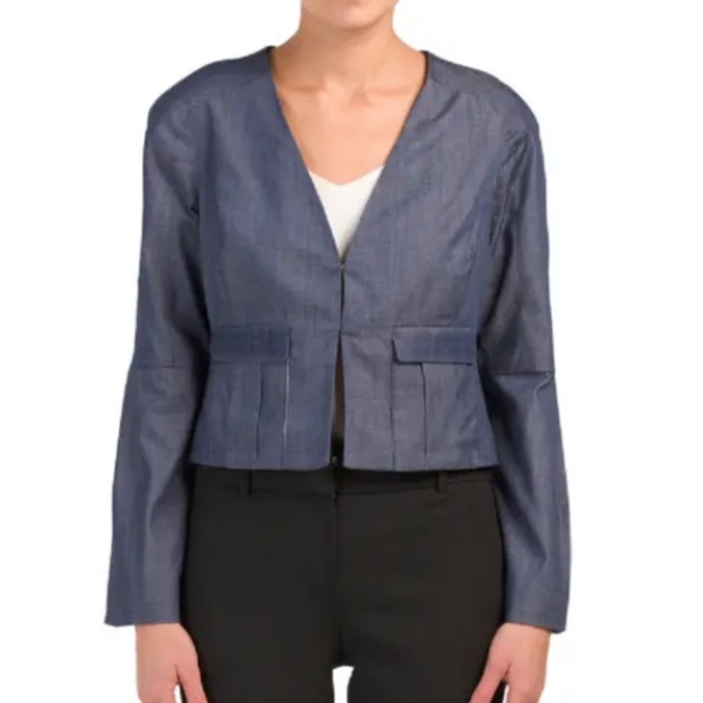Nanette Lapore denim hook and eye closure bell sleeve jacket